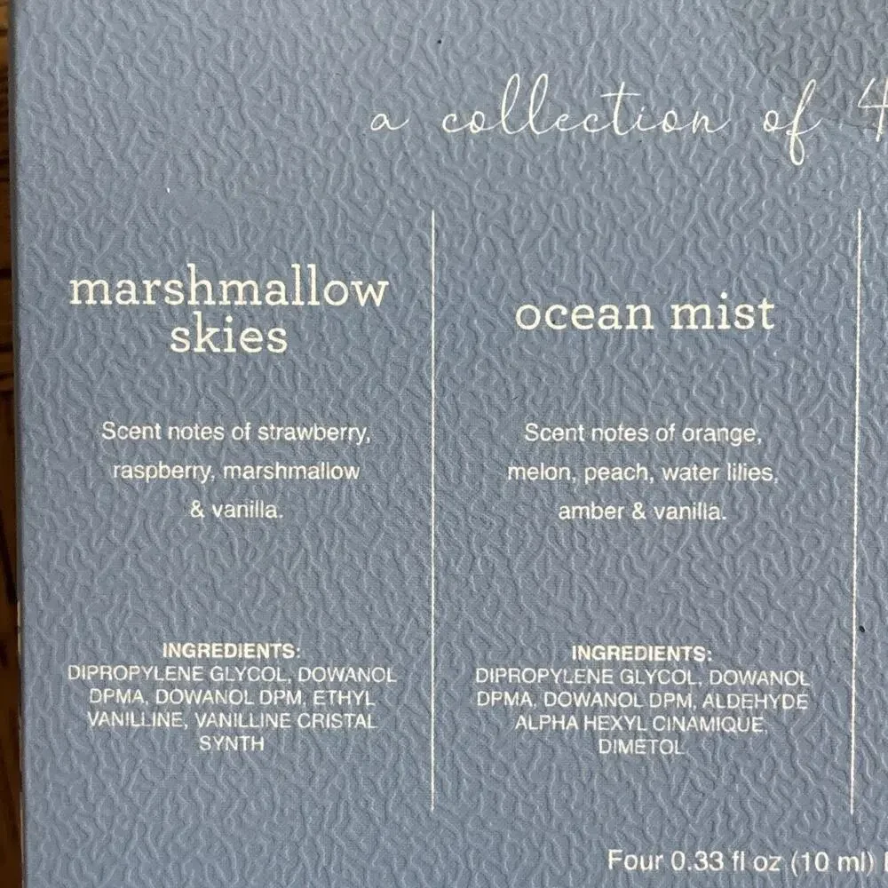 Sand + Fog Fragrance Diffuser Oil 4 Pk Marshmallow Skies Vanilla CA Beach House